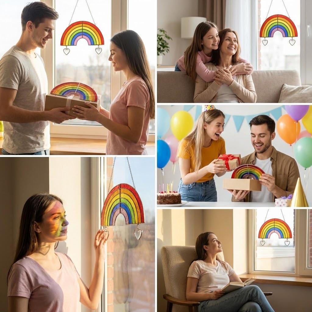 Handmade stained glass rainbow suncatcher with personalized wooden name tag, rainbow bridge pet memorial gift for dog or cat loss, hanging glass hearts.