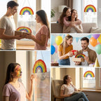 Handmade stained glass rainbow suncatcher with personalized wooden name tag, rainbow bridge pet memorial gift for dog or cat loss, hanging glass hearts.