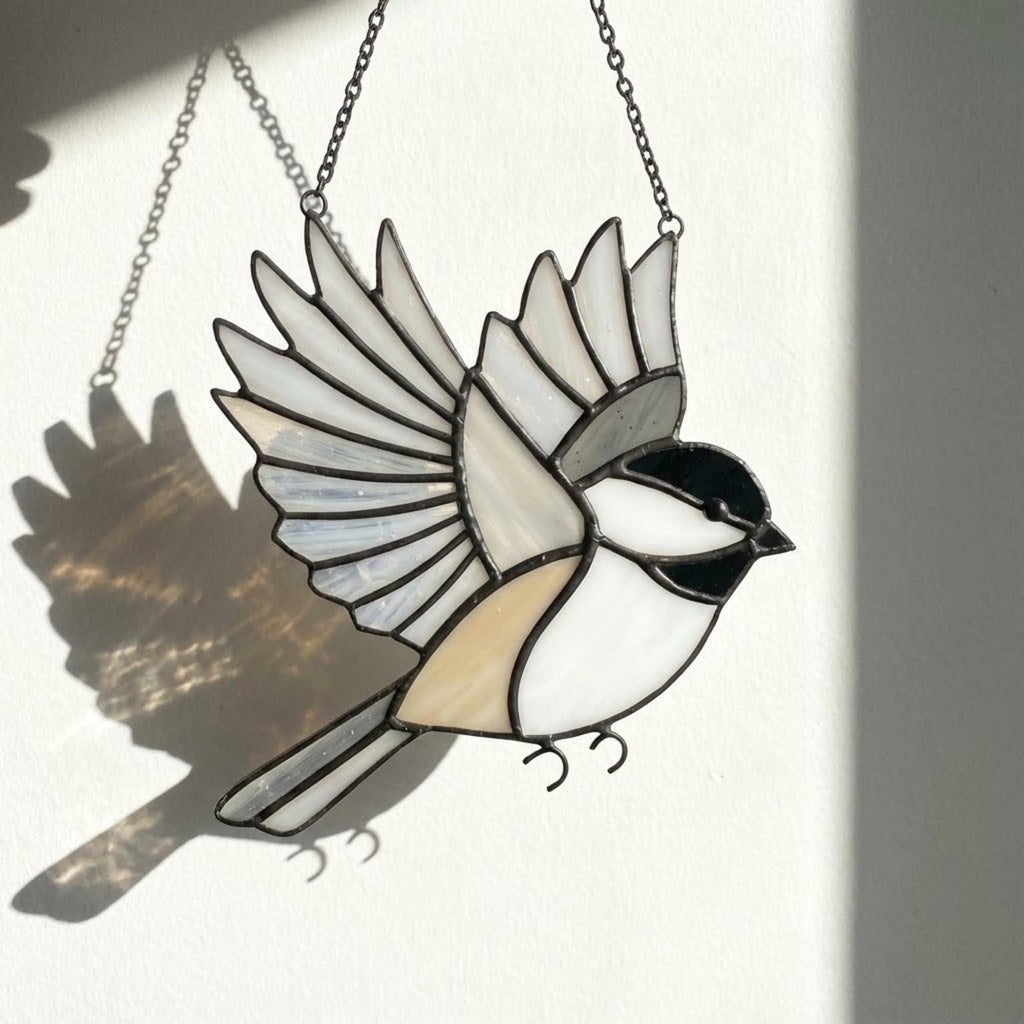 Stained glass Black-capped Chickadee bird suncatcher on branch hanging on window, handmade Maine and Massachusetts state bird gift, realistic nature decor by LuzyGlassArt.