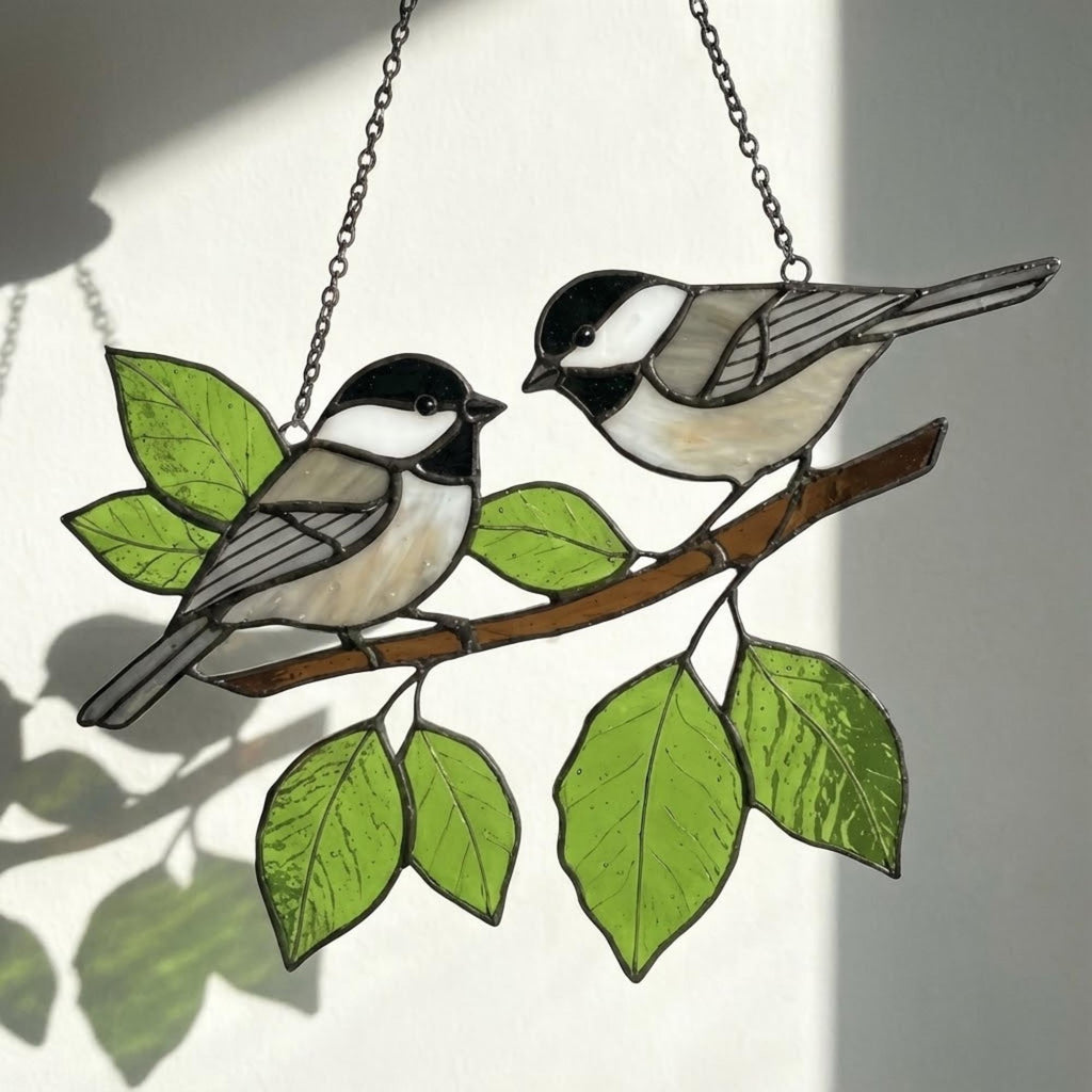 Stained glass Black-capped Chickadee bird suncatcher on branch hanging on window, handmade Maine and Massachusetts state bird gift, realistic nature decor by LuzyGlassArt.