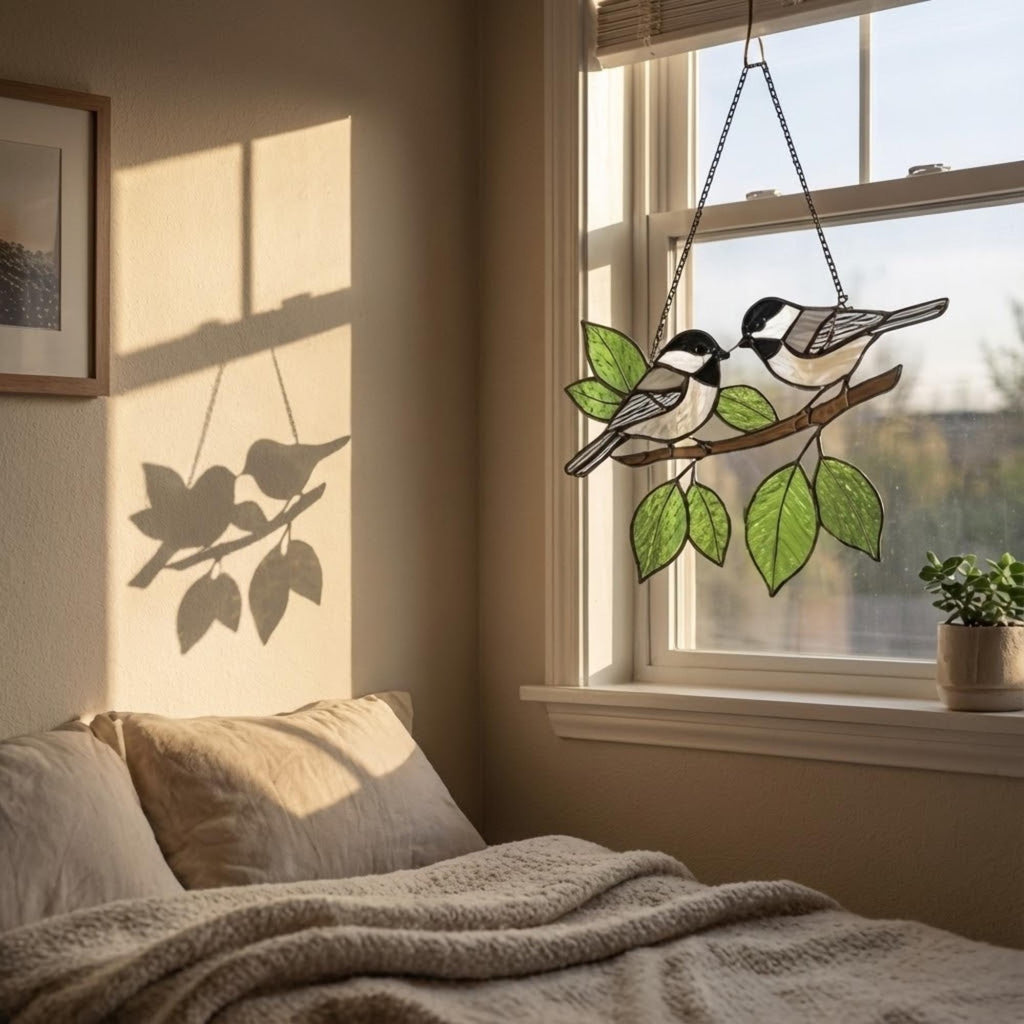 Stained glass Black-capped Chickadee bird suncatcher on branch hanging on window, handmade Maine and Massachusetts state bird gift, realistic nature decor by LuzyGlassArt.