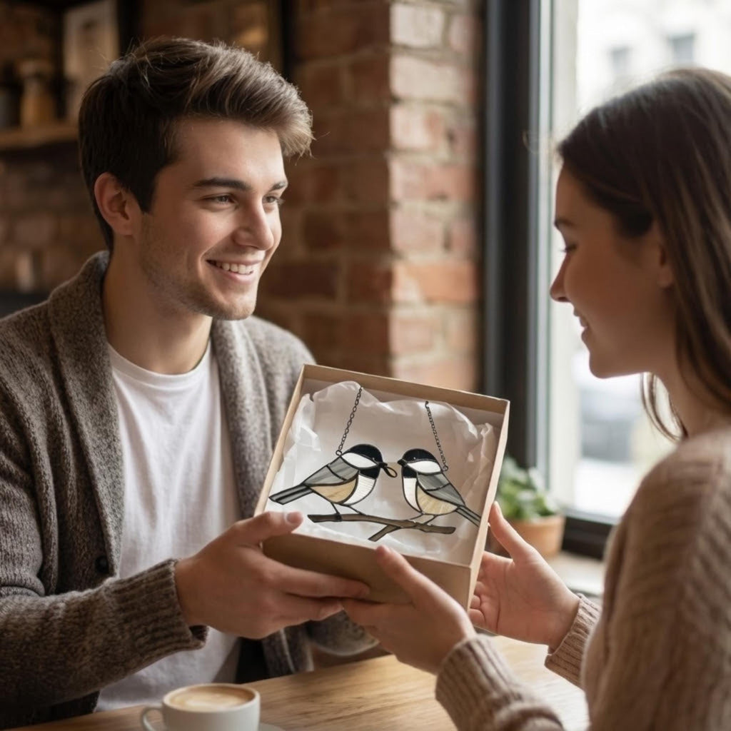 Stained glass Black-capped Chickadee bird suncatcher on branch hanging on window, handmade Maine and Massachusetts state bird gift, realistic nature decor by LuzyGlassArt.