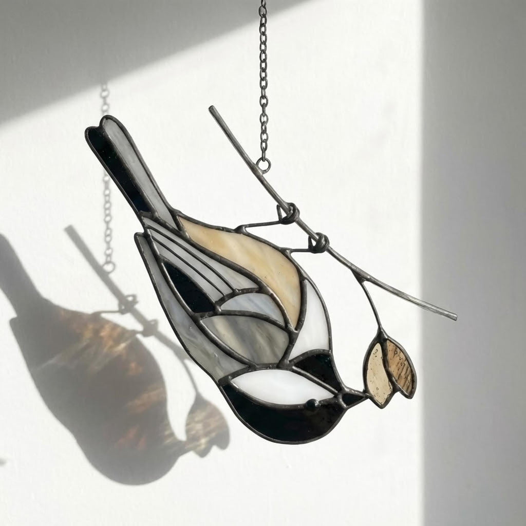 Stained glass Black-capped Chickadee bird suncatcher on branch hanging on window, handmade Maine and Massachusetts state bird gift, realistic nature decor by LuzyGlassArt.