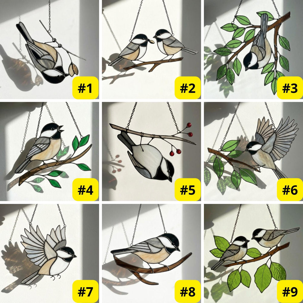 Stained glass Black-capped Chickadee bird suncatcher on branch hanging on window, handmade Maine and Massachusetts state bird gift, realistic nature decor by LuzyGlassArt.