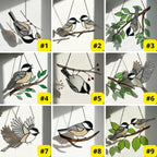 Stained glass Black-capped Chickadee bird suncatcher on branch hanging on window, handmade Maine and Massachusetts state bird gift, realistic nature decor by LuzyGlassArt.