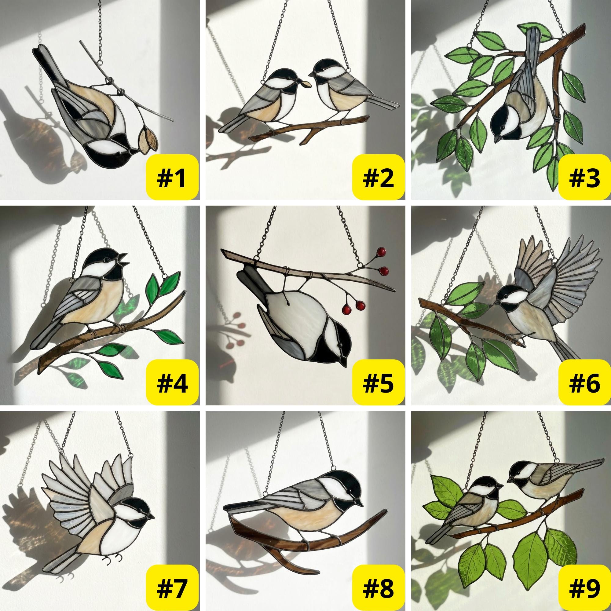 Stained glass Black-capped Chickadee bird suncatcher on branch hanging on window, handmade Maine and Massachusetts state bird gift, realistic nature decor by LuzyGlassArt.