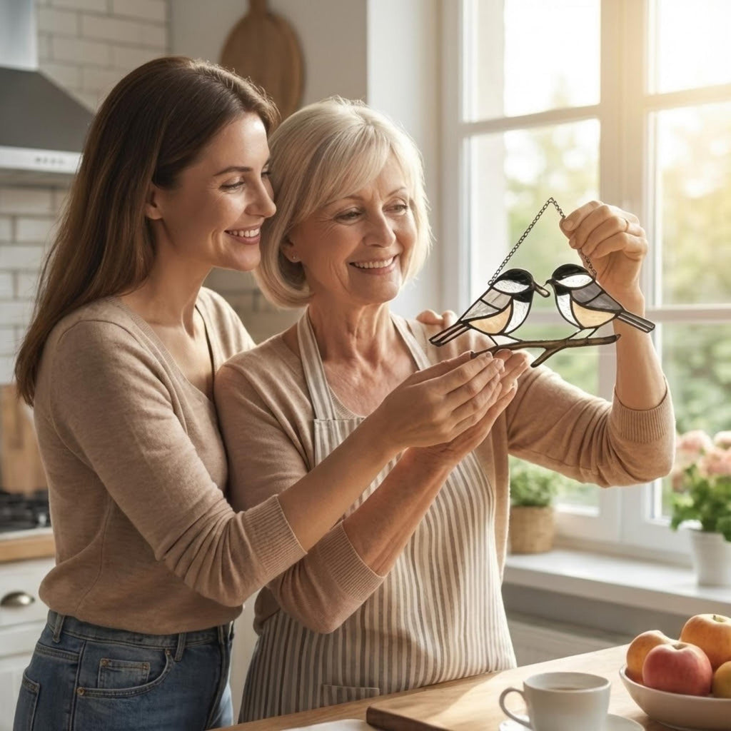 Stained glass Black-capped Chickadee bird suncatcher on branch hanging on window, handmade Maine and Massachusetts state bird gift, realistic nature decor by LuzyGlassArt.