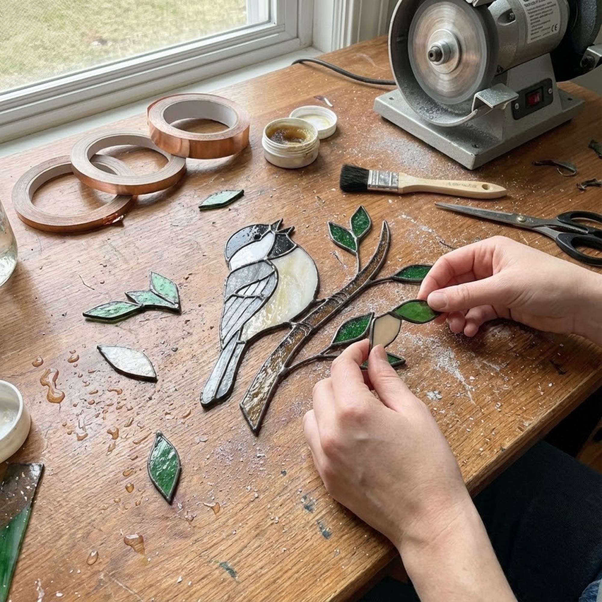 Stained glass Black-capped Chickadee bird suncatcher on branch hanging on window, handmade Maine and Massachusetts state bird gift, realistic nature decor by LuzyGlassArt.