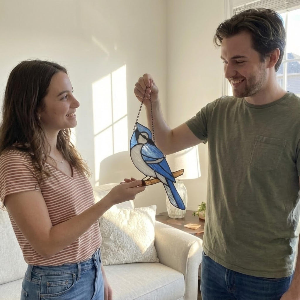 Stained glass Blue Jay bird suncatcher on branch hanging on window casting blue shadows, handmade realistic nature decor for birdwatchers by LuzyGlassArt.