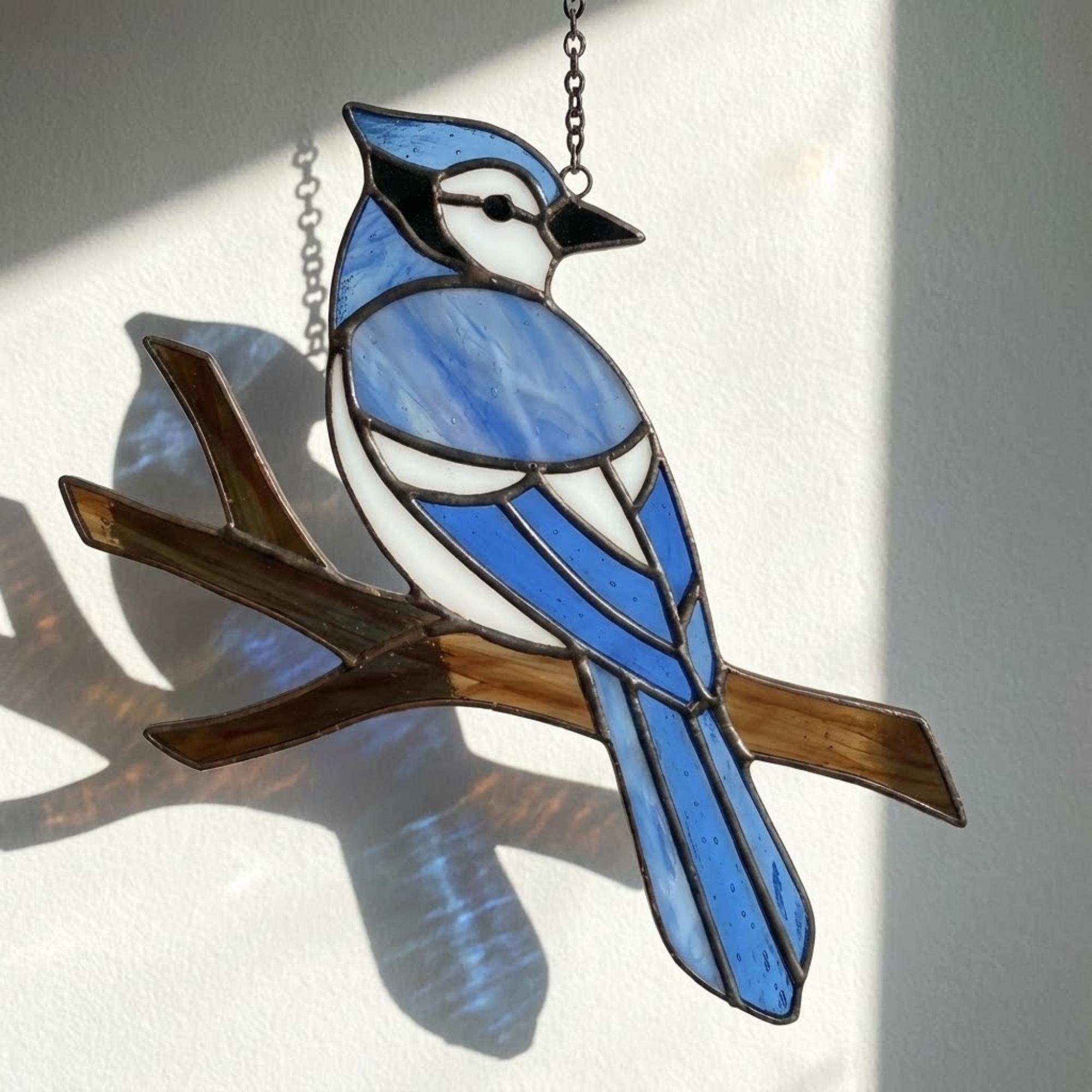 Stained glass Blue Jay bird suncatcher on branch hanging on window casting blue shadows, handmade realistic nature decor for birdwatchers by LuzyGlassArt.