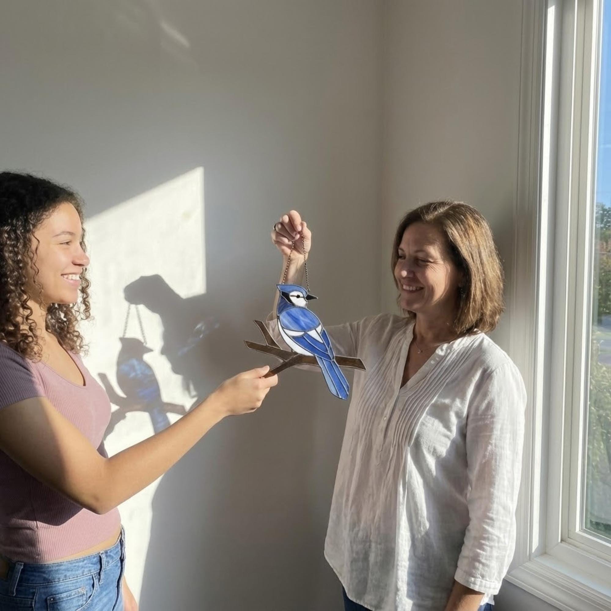 Stained glass Blue Jay bird suncatcher on branch hanging on window casting blue shadows, handmade realistic nature decor for birdwatchers by LuzyGlassArt.