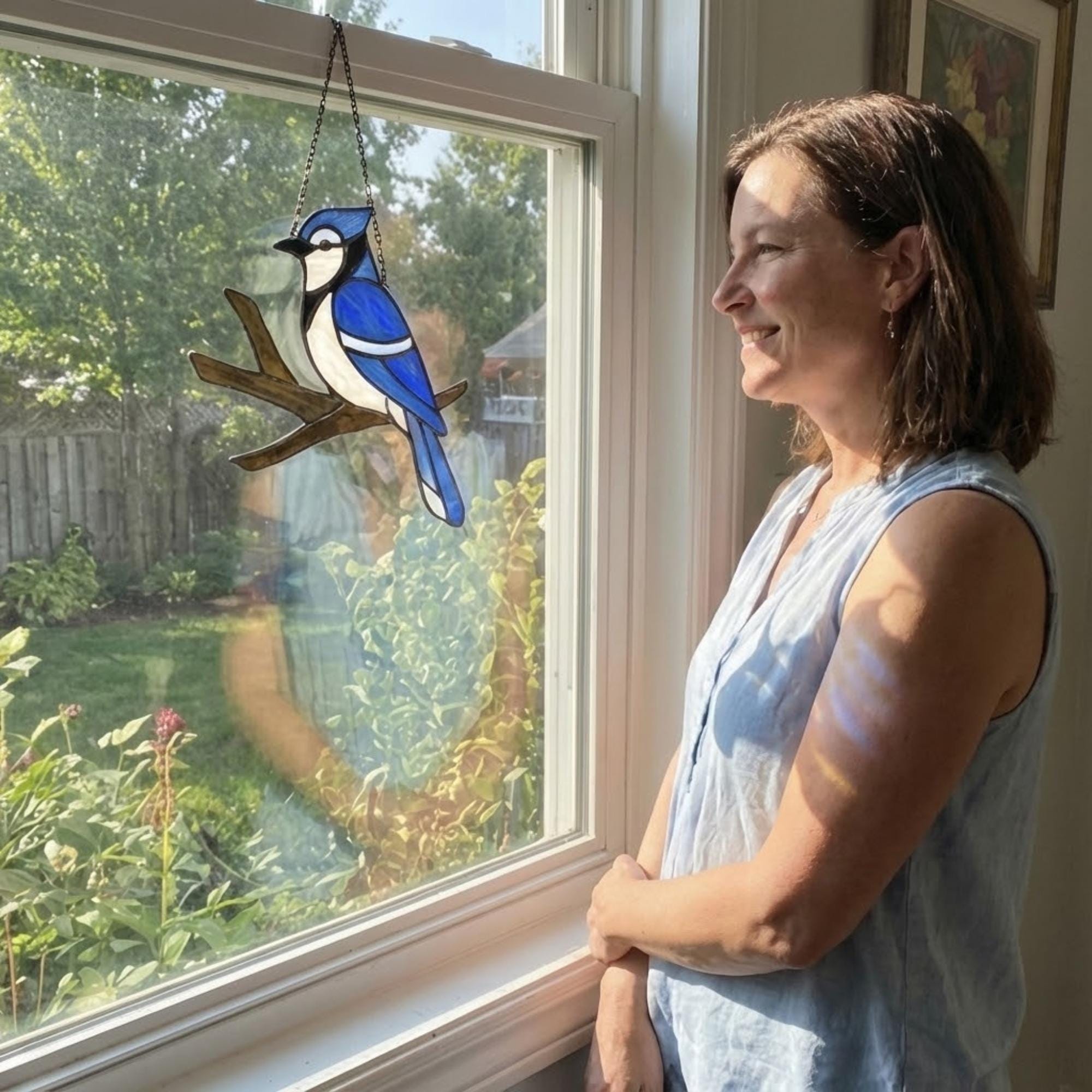 Stained glass Blue Jay bird suncatcher on branch hanging on window casting blue shadows, handmade realistic nature decor for birdwatchers by LuzyGlassArt.