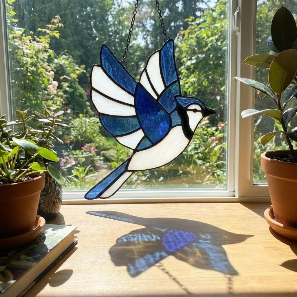 Stained glass Blue Jay bird suncatcher on branch hanging on window casting blue shadows, handmade realistic nature decor for birdwatchers by LuzyGlassArt.