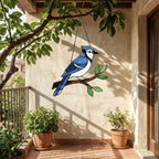 Stained glass Blue Jay bird suncatcher on branch hanging on window casting blue shadows, handmade realistic nature decor for birdwatchers by LuzyGlassArt.