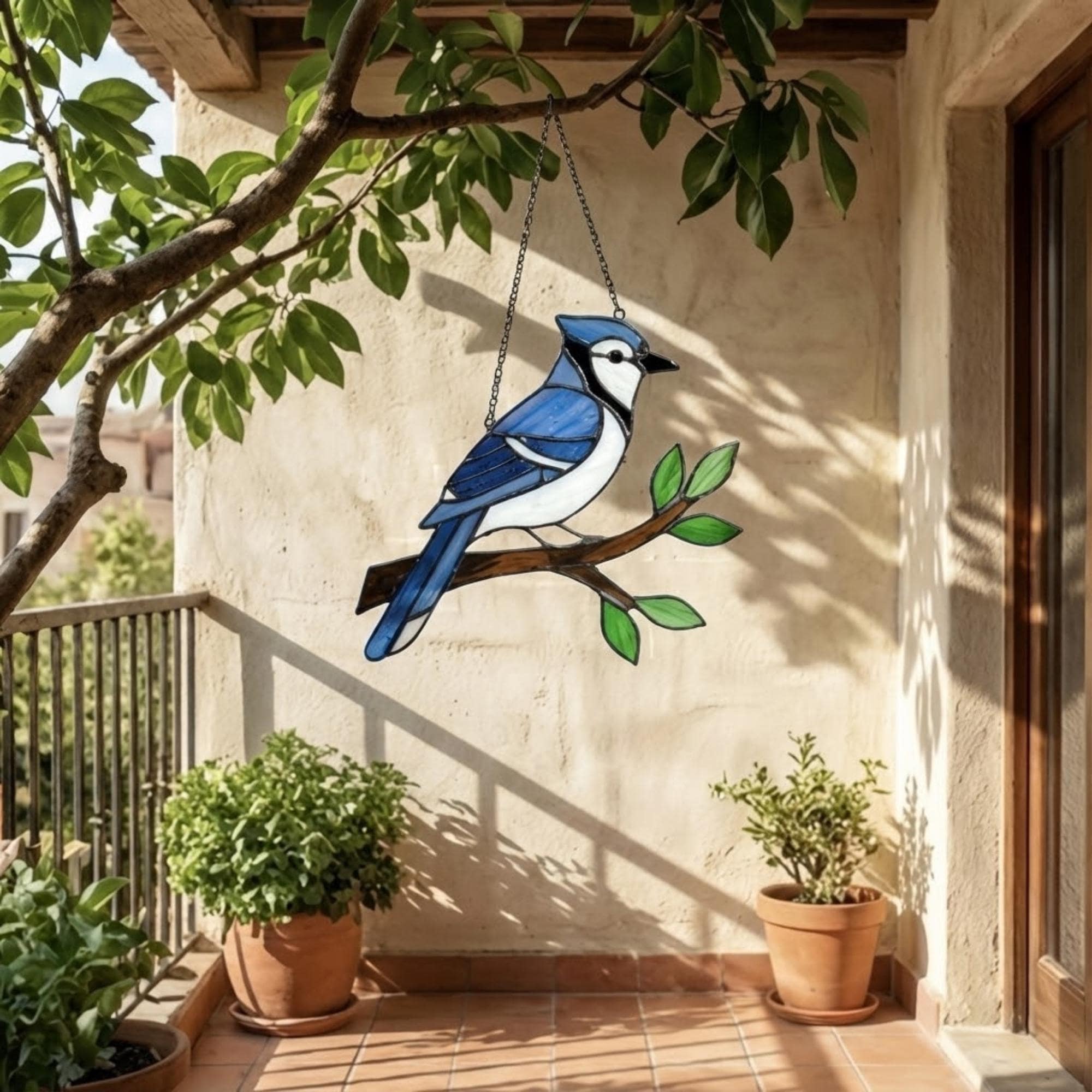 Stained glass Blue Jay bird suncatcher on branch hanging on window casting blue shadows, handmade realistic nature decor for birdwatchers by LuzyGlassArt.