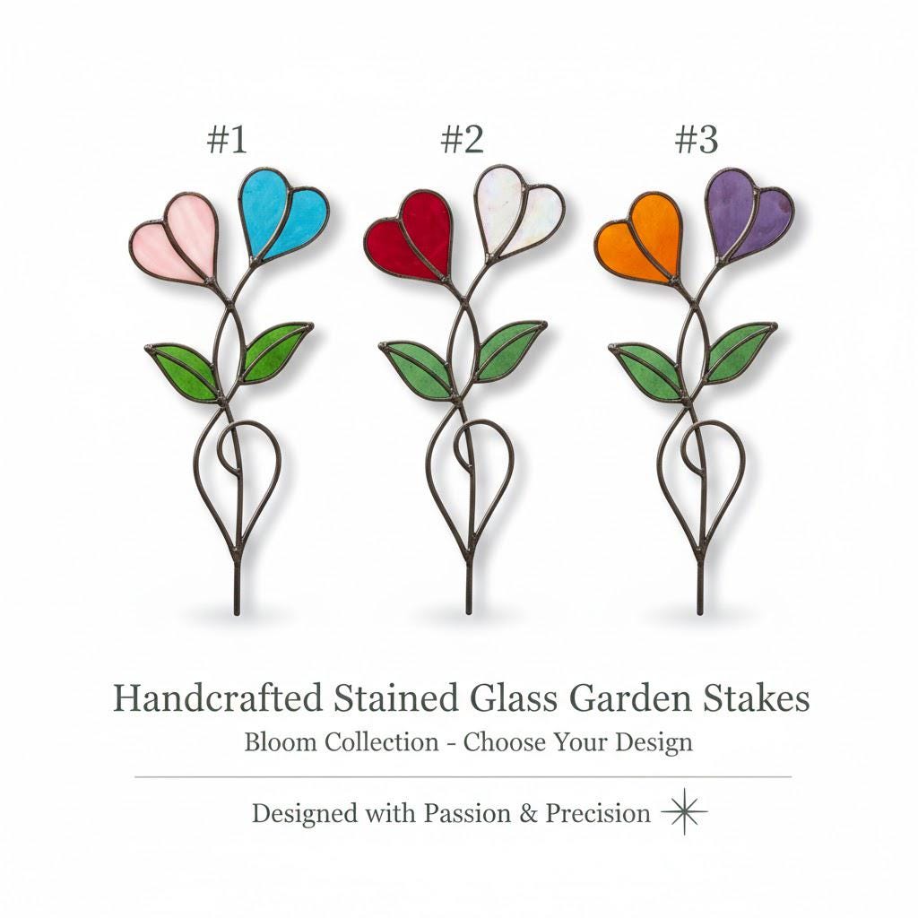 Handmade stained glass double heart plant stakes in flower pot, red and white hearts for valentine gift, plant lover decor with gift box packaging.