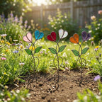 Handmade stained glass double heart plant stakes in flower pot, red and white hearts for valentine gift, plant lover decor with gift box packaging.