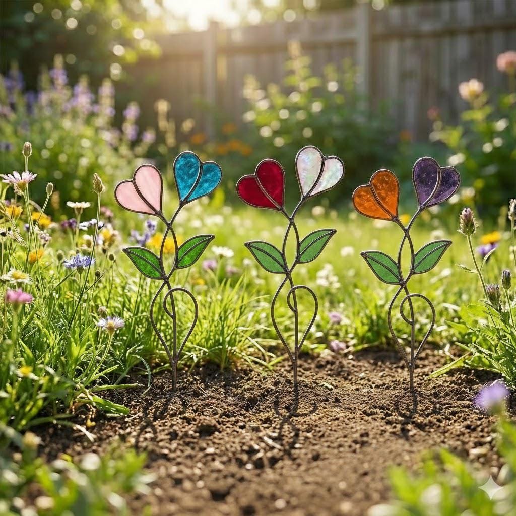 Handmade stained glass double heart plant stakes in flower pot, red and white hearts for valentine gift, plant lover decor with gift box packaging.