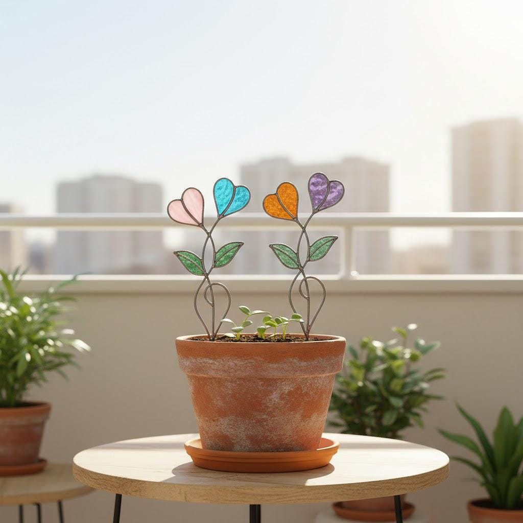 Handmade stained glass double heart plant stakes in flower pot, red and white hearts for valentine gift, plant lover decor with gift box packaging.