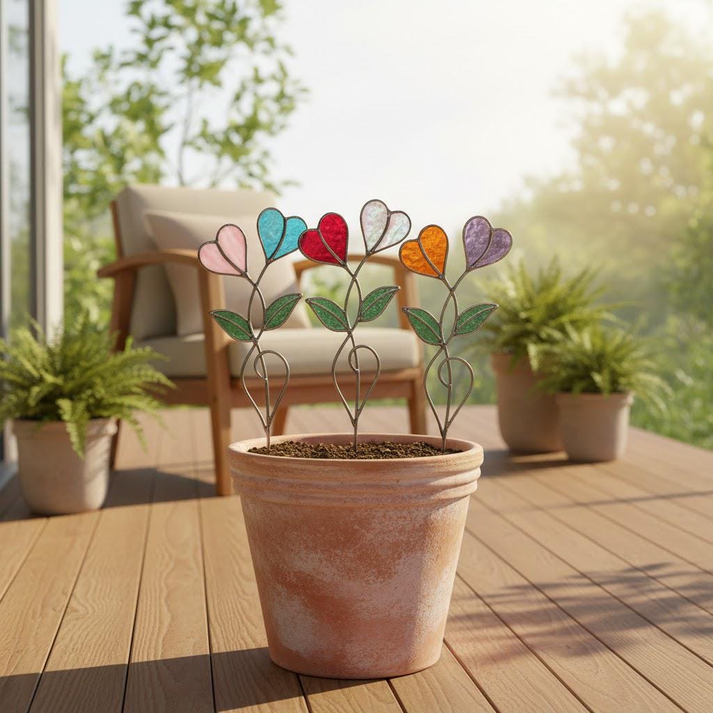 Handmade stained glass double heart plant stakes in flower pot, red and white hearts for valentine gift, plant lover decor with gift box packaging.