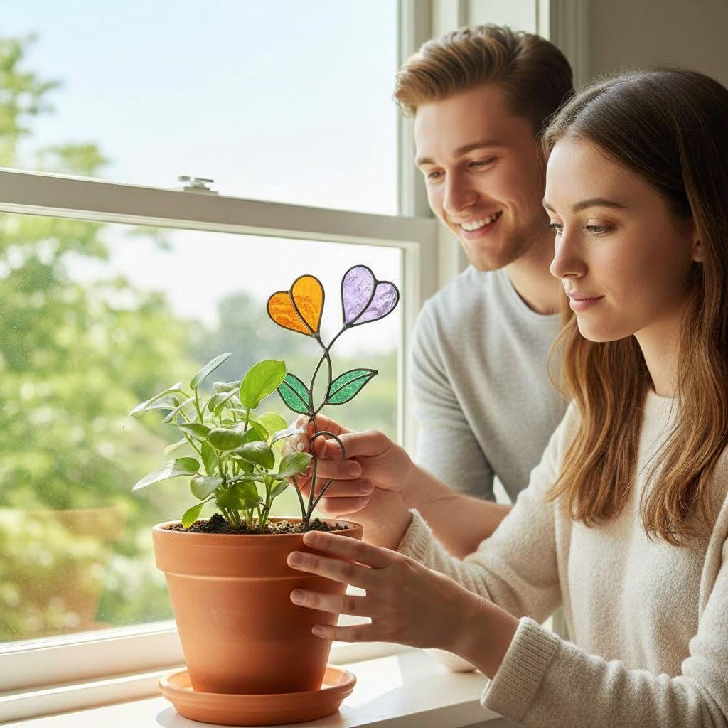 Handmade stained glass double heart plant stakes in flower pot, red and white hearts for valentine gift, plant lover decor with gift box packaging.