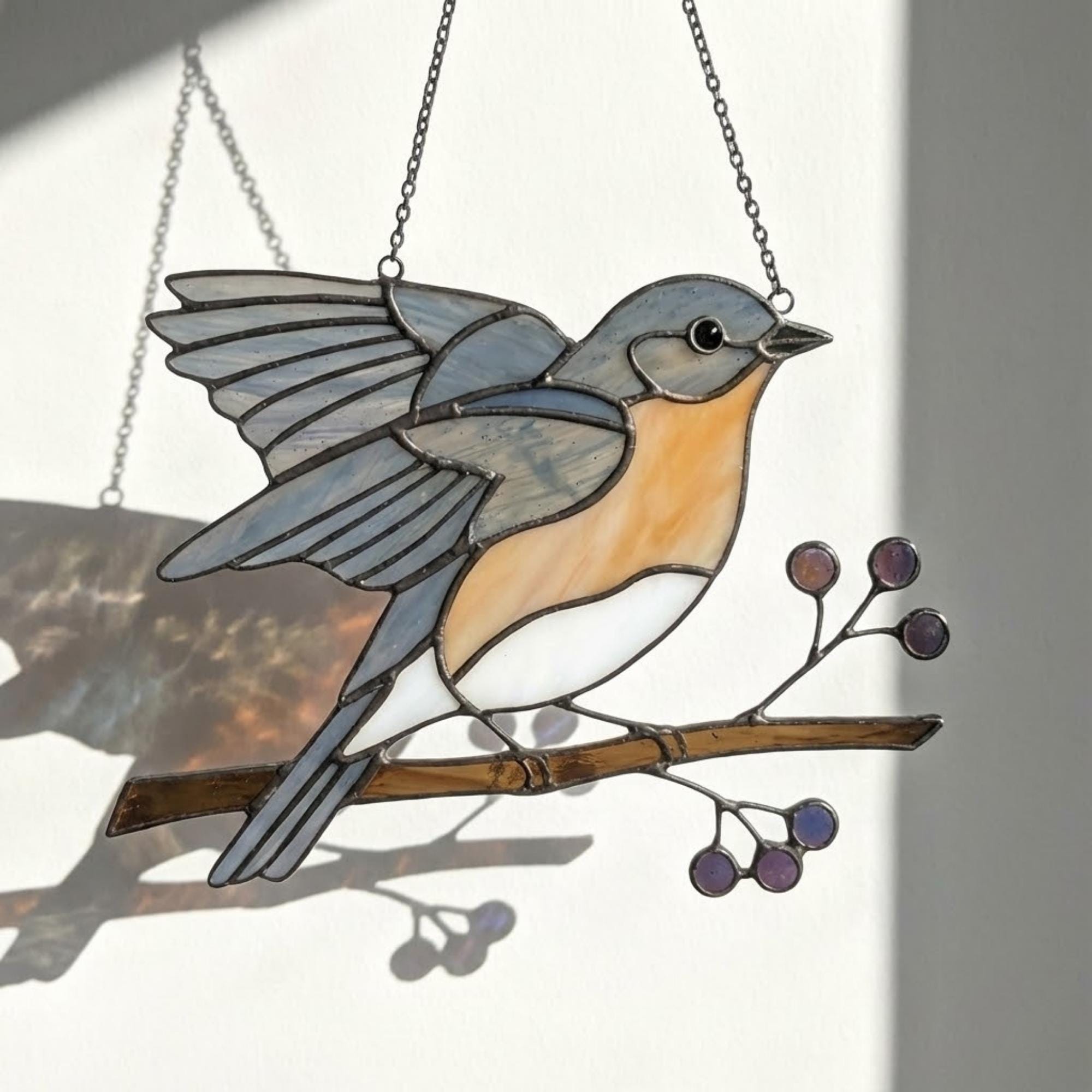 Stained glass Eastern Bluebird suncatcher with blue wings and orange breast hanging on window, handmade blue bird of happiness gift for mom, New York and Missouri state bird decor by LuzyGlassArt.