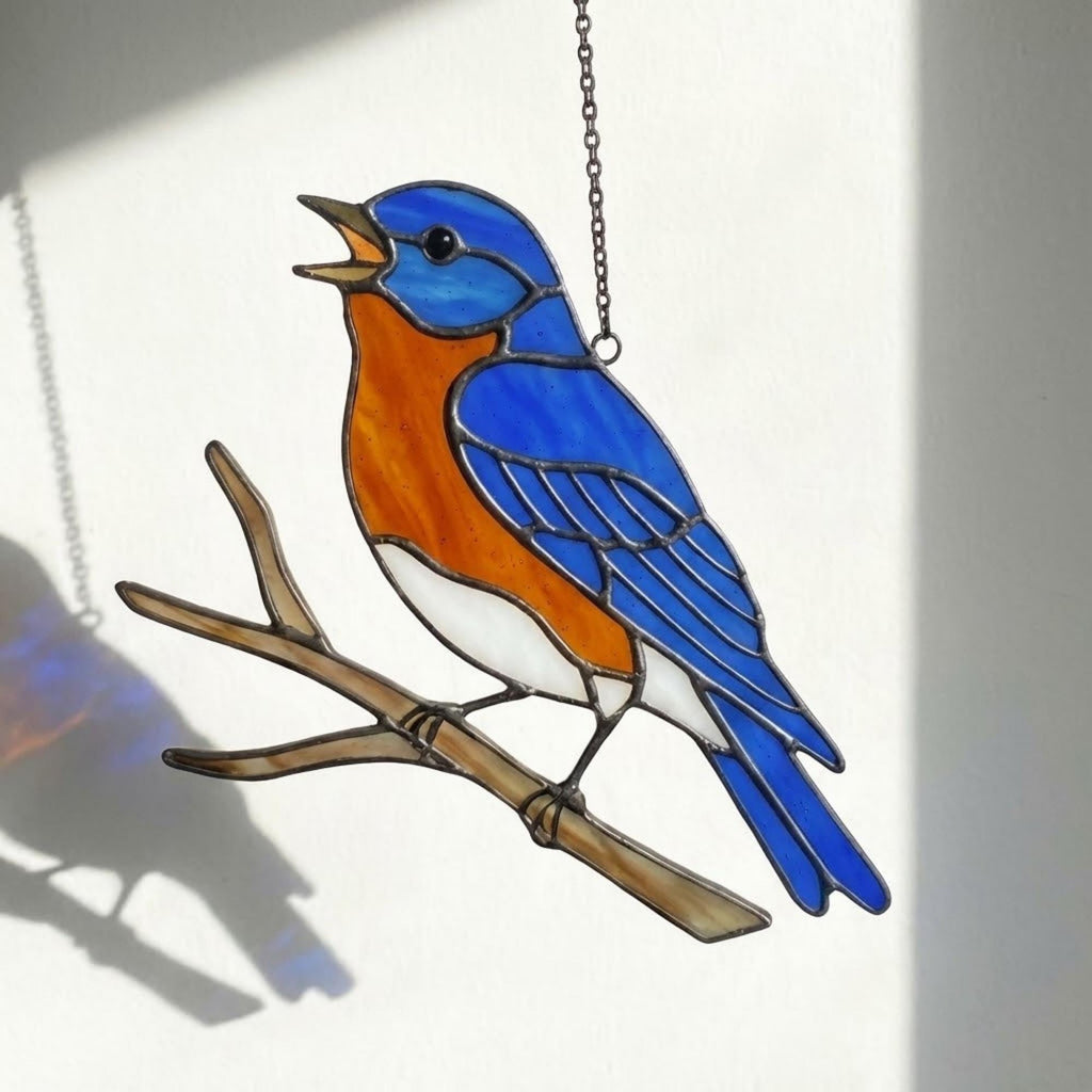 Stained glass Eastern Bluebird suncatcher with blue wings and orange breast hanging on window, handmade blue bird of happiness gift for mom, New York and Missouri state bird decor by LuzyGlassArt.