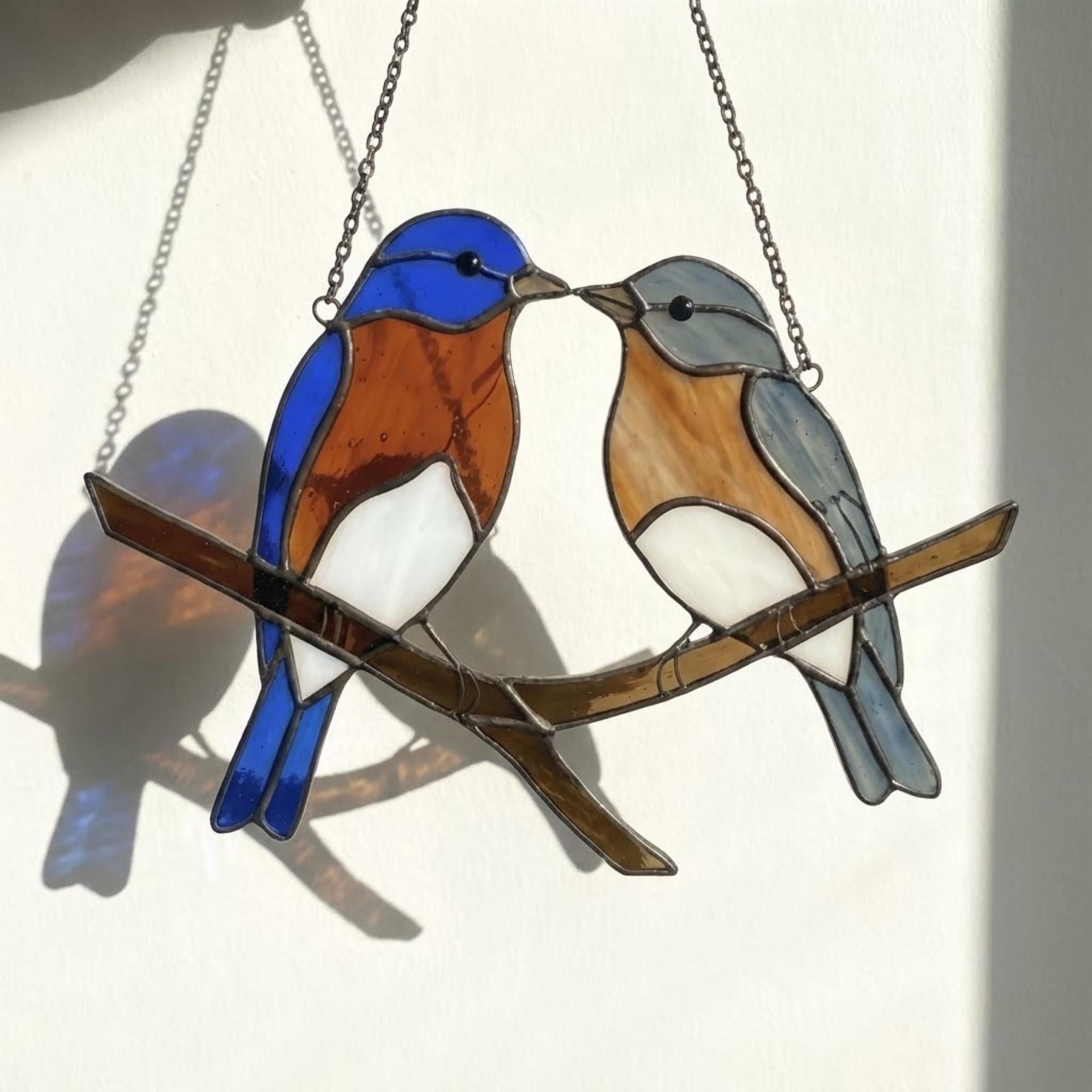 Stained glass Eastern Bluebird suncatcher with blue wings and orange breast hanging on window, handmade blue bird of happiness gift for mom, New York and Missouri state bird decor by LuzyGlassArt.