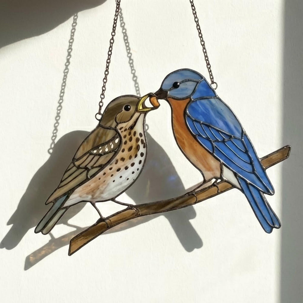 Stained glass Eastern Bluebird suncatcher with blue wings and orange breast hanging on window, handmade blue bird of happiness gift for mom, New York and Missouri state bird decor by LuzyGlassArt.