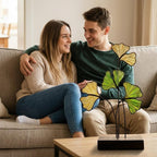 Handmade stained glass ginkgo biloba leaves sculpture standing on solid wood base, green and yellow botanical art for desk decor, japandi style gift.