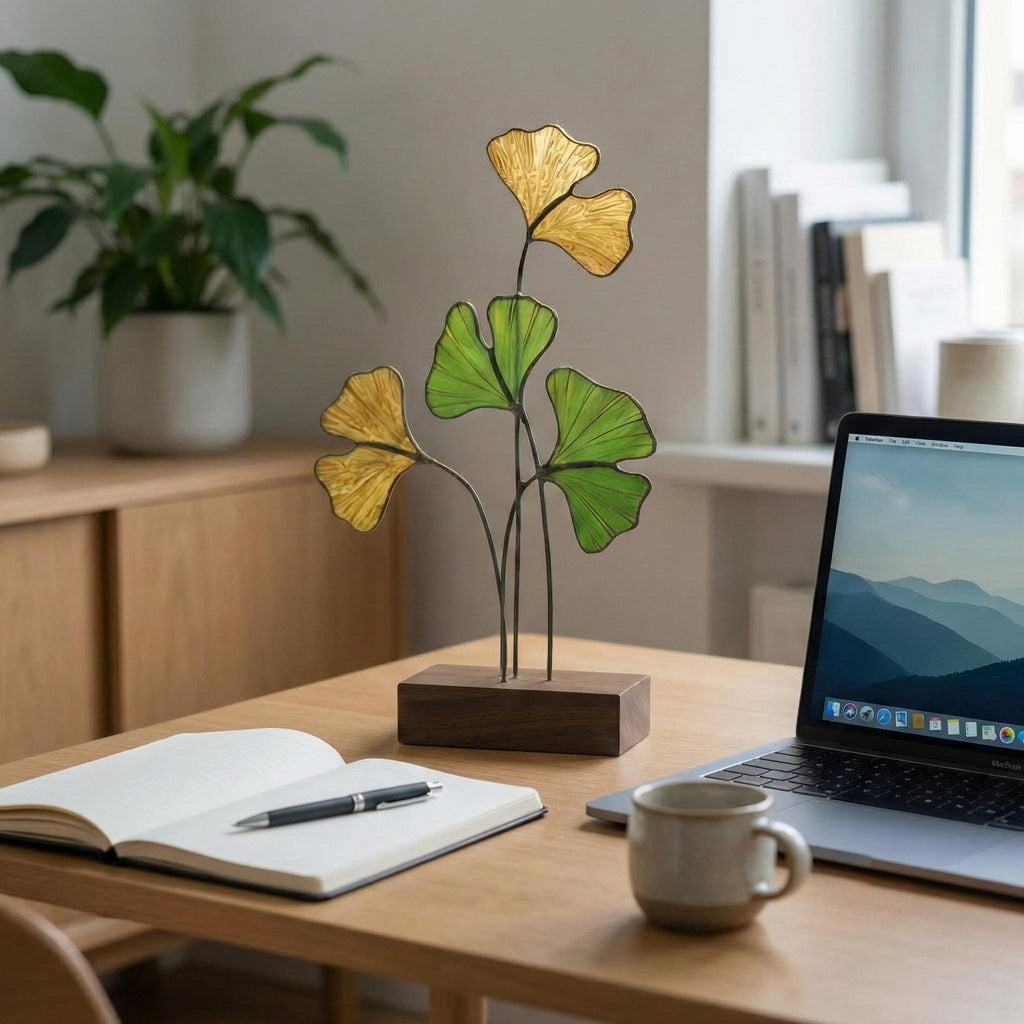 Handmade stained glass ginkgo biloba leaves sculpture standing on solid wood base, green and yellow botanical art for desk decor, japandi style gift.