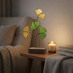 Handmade stained glass ginkgo biloba leaves sculpture standing on solid wood base, green and yellow botanical art for desk decor, japandi style gift.