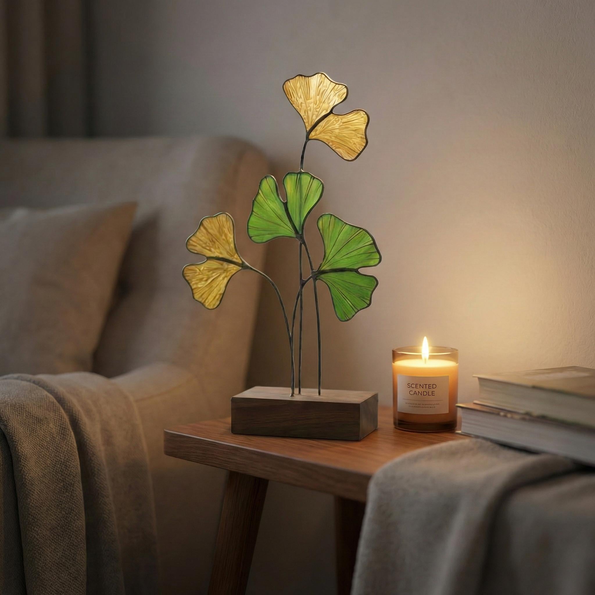 Handmade stained glass ginkgo biloba leaves sculpture standing on solid wood base, green and yellow botanical art for desk decor, japandi style gift.
