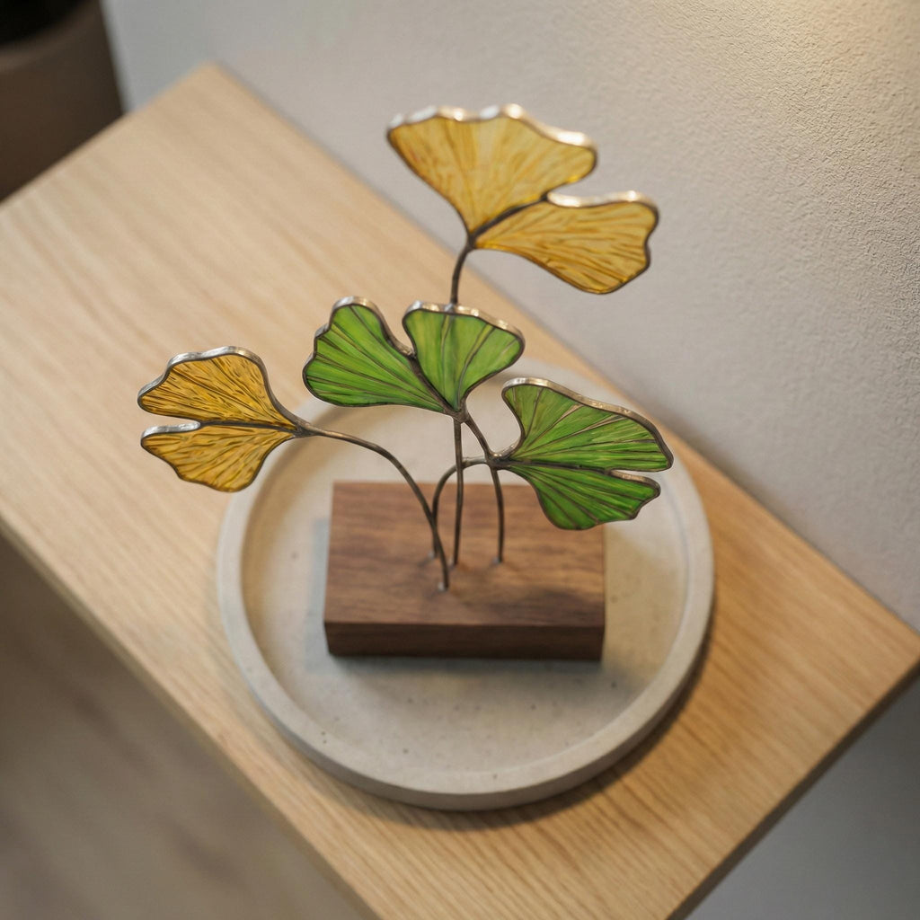 Handmade stained glass ginkgo biloba leaves sculpture standing on solid wood base, green and yellow botanical art for desk decor, japandi style gift.