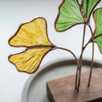 Handmade stained glass ginkgo biloba leaves sculpture standing on solid wood base, green and yellow botanical art for desk decor, japandi style gift.