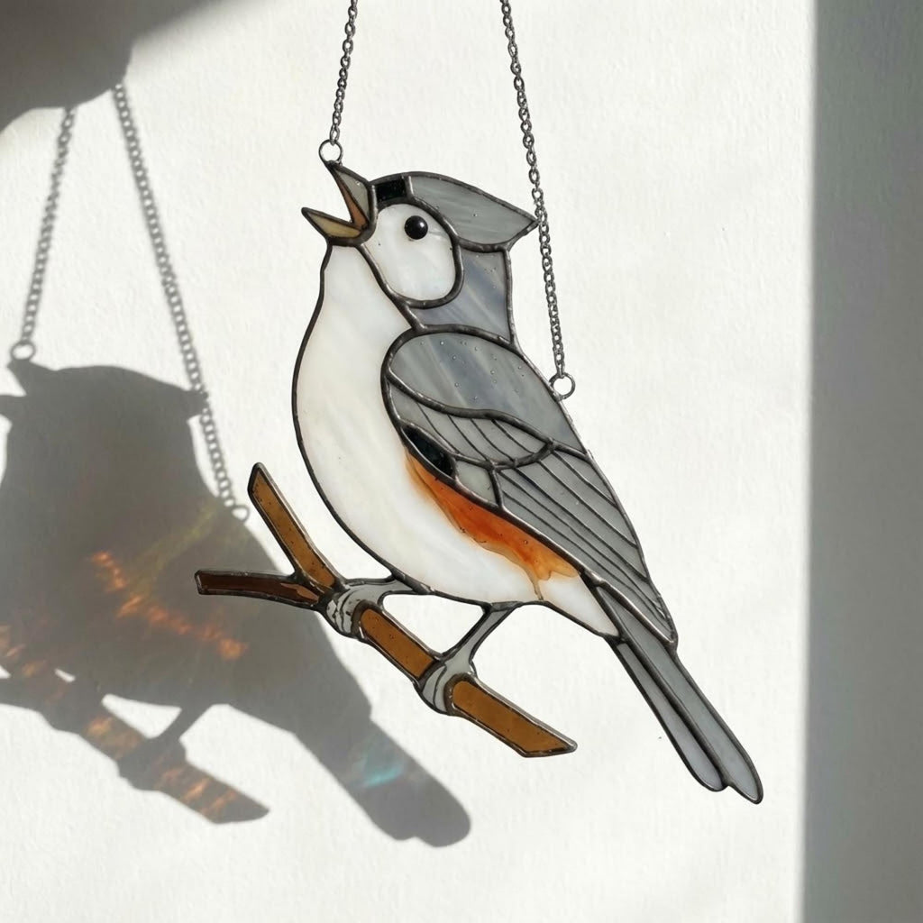Stained glass Black-capped Chickadee bird suncatcher on branch hanging on window, handmade Maine and Massachusetts state bird gift, realistic nature decor by LuzyGlassArt.
