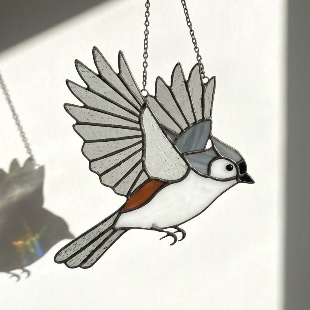 Stained glass Black-capped Chickadee bird suncatcher on branch hanging on window, handmade Maine and Massachusetts state bird gift, realistic nature decor by LuzyGlassArt.