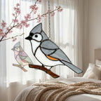 Stained glass Black-capped Chickadee bird suncatcher on branch hanging on window, handmade Maine and Massachusetts state bird gift, realistic nature decor by LuzyGlassArt.