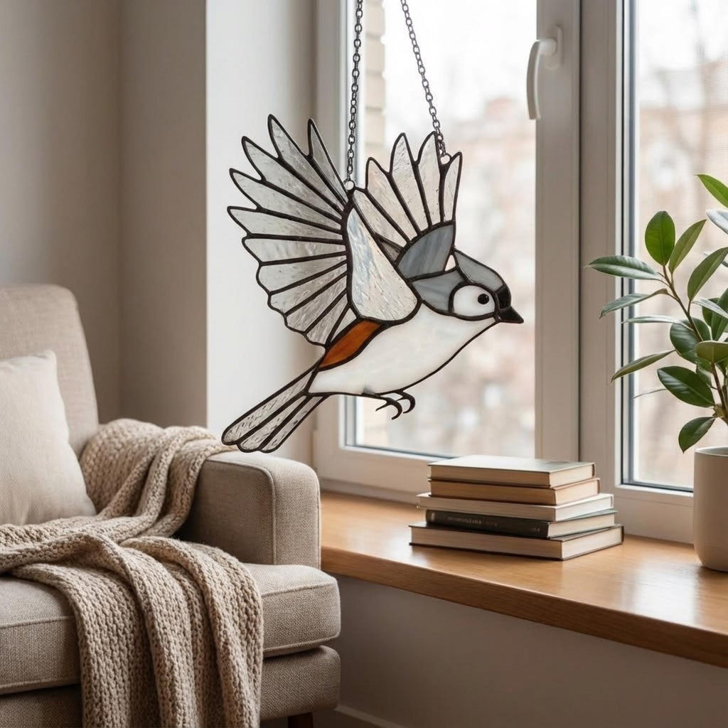 Stained glass Black-capped Chickadee bird suncatcher on branch hanging on window, handmade Maine and Massachusetts state bird gift, realistic nature decor by LuzyGlassArt.