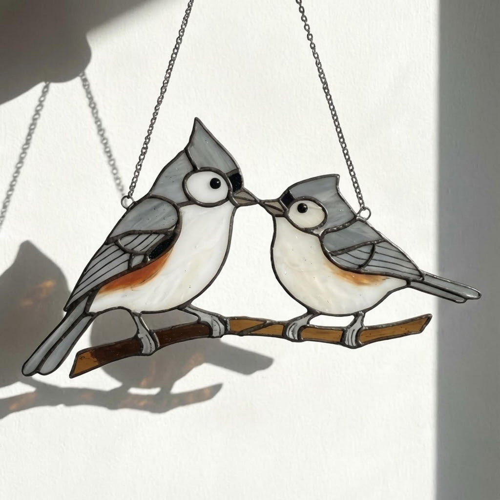 Stained glass Black-capped Chickadee bird suncatcher on branch hanging on window, handmade Maine and Massachusetts state bird gift, realistic nature decor by LuzyGlassArt.