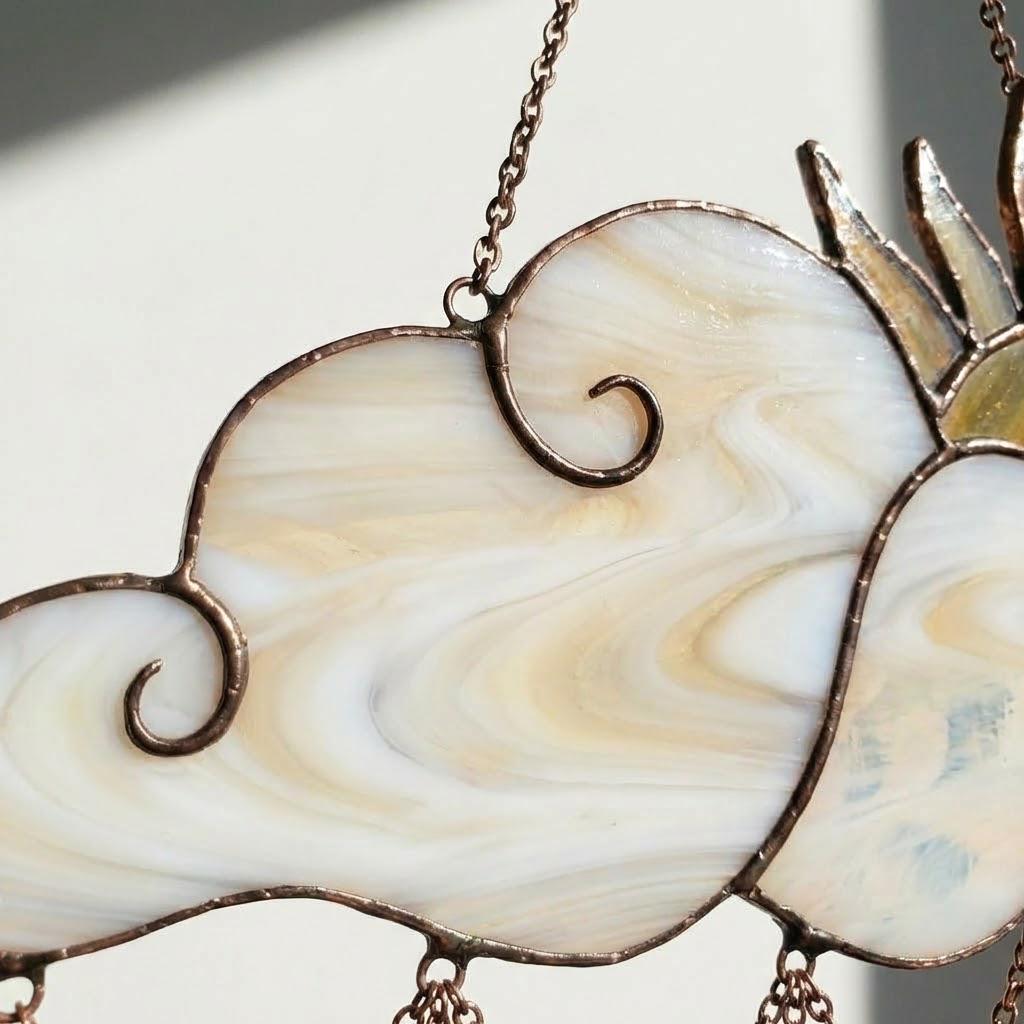 Handmade stained glass sun and cloud suncatcher with hanging crystal raindrops, wispy white glass texture, celestial nursery decor, symbol of hope.