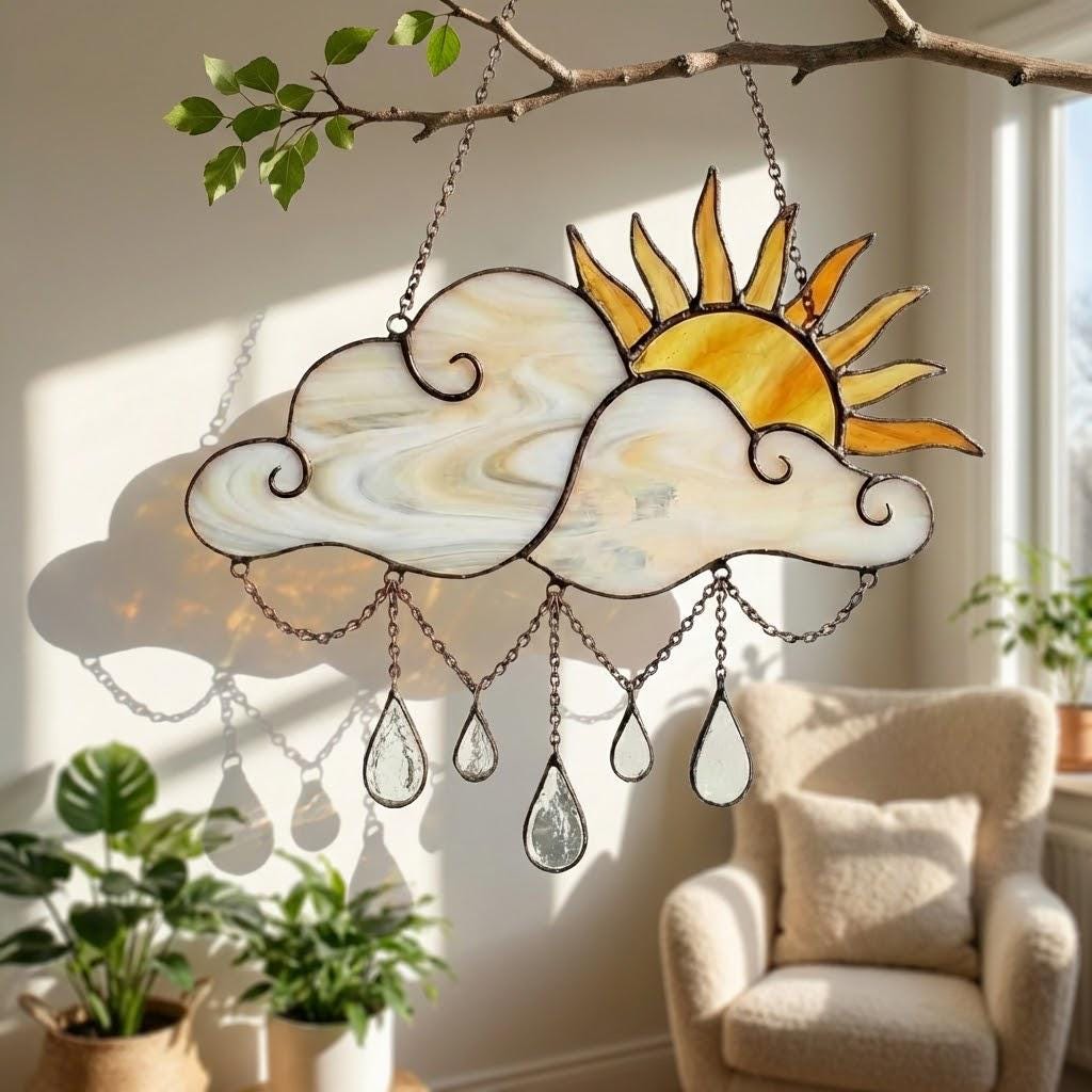 Handmade stained glass sun and cloud suncatcher with hanging crystal raindrops, wispy white glass texture, celestial nursery decor, symbol of hope.