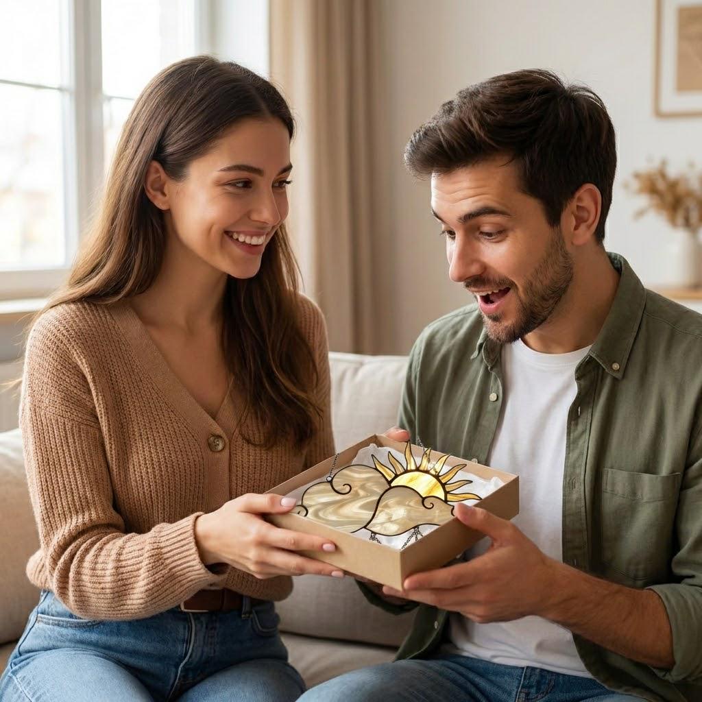 Handmade stained glass sun and cloud suncatcher with hanging crystal raindrops, wispy white glass texture, celestial nursery decor, symbol of hope.