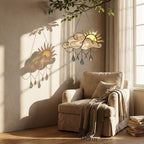 Handmade stained glass sun and cloud suncatcher with hanging crystal raindrops, wispy white glass texture, celestial nursery decor, symbol of hope.
