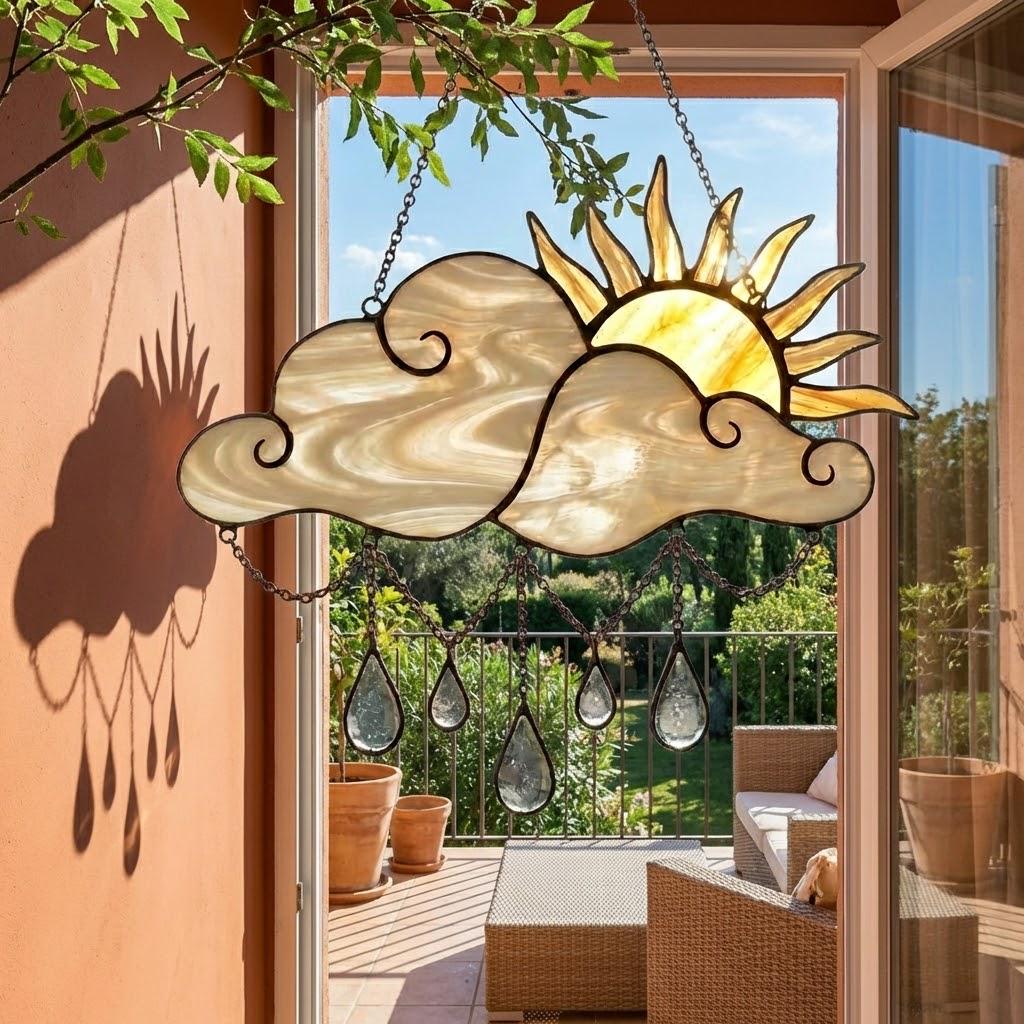 Handmade stained glass sun and cloud suncatcher with hanging crystal raindrops, wispy white glass texture, celestial nursery decor, symbol of hope.