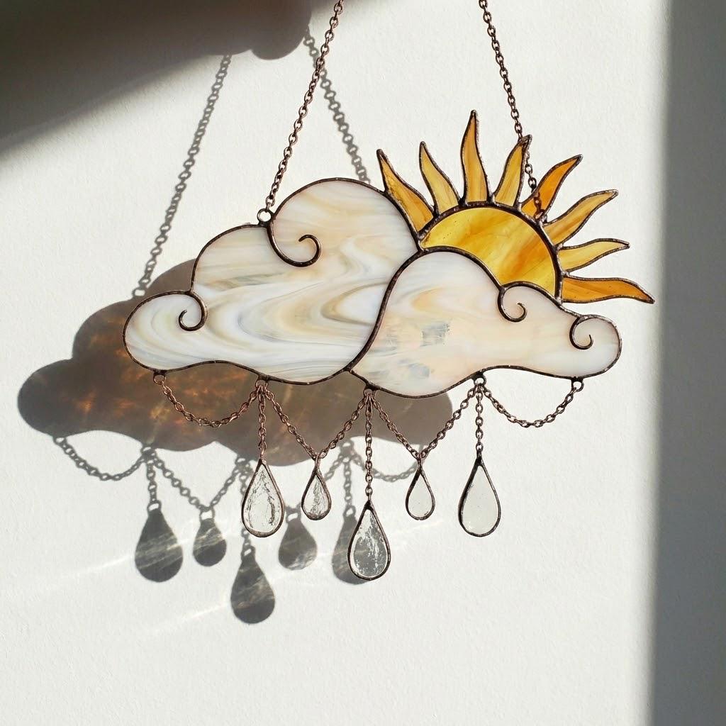 Handmade stained glass sun and cloud suncatcher with hanging crystal raindrops, wispy white glass texture, celestial nursery decor, symbol of hope.