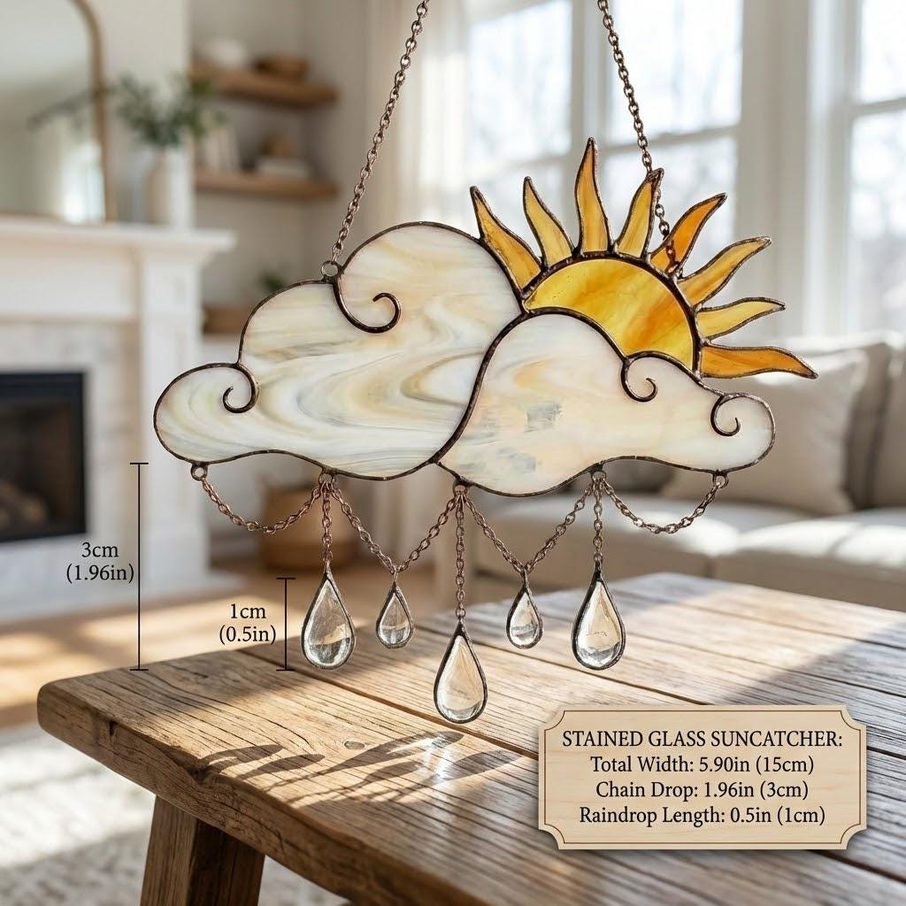 Handmade stained glass sun and cloud suncatcher with hanging crystal raindrops, wispy white glass texture, celestial nursery decor, symbol of hope.