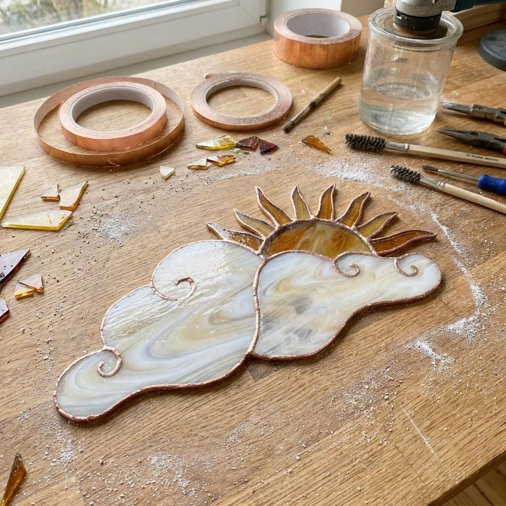 Handmade stained glass sun and cloud suncatcher with hanging crystal raindrops, wispy white glass texture, celestial nursery decor, symbol of hope.