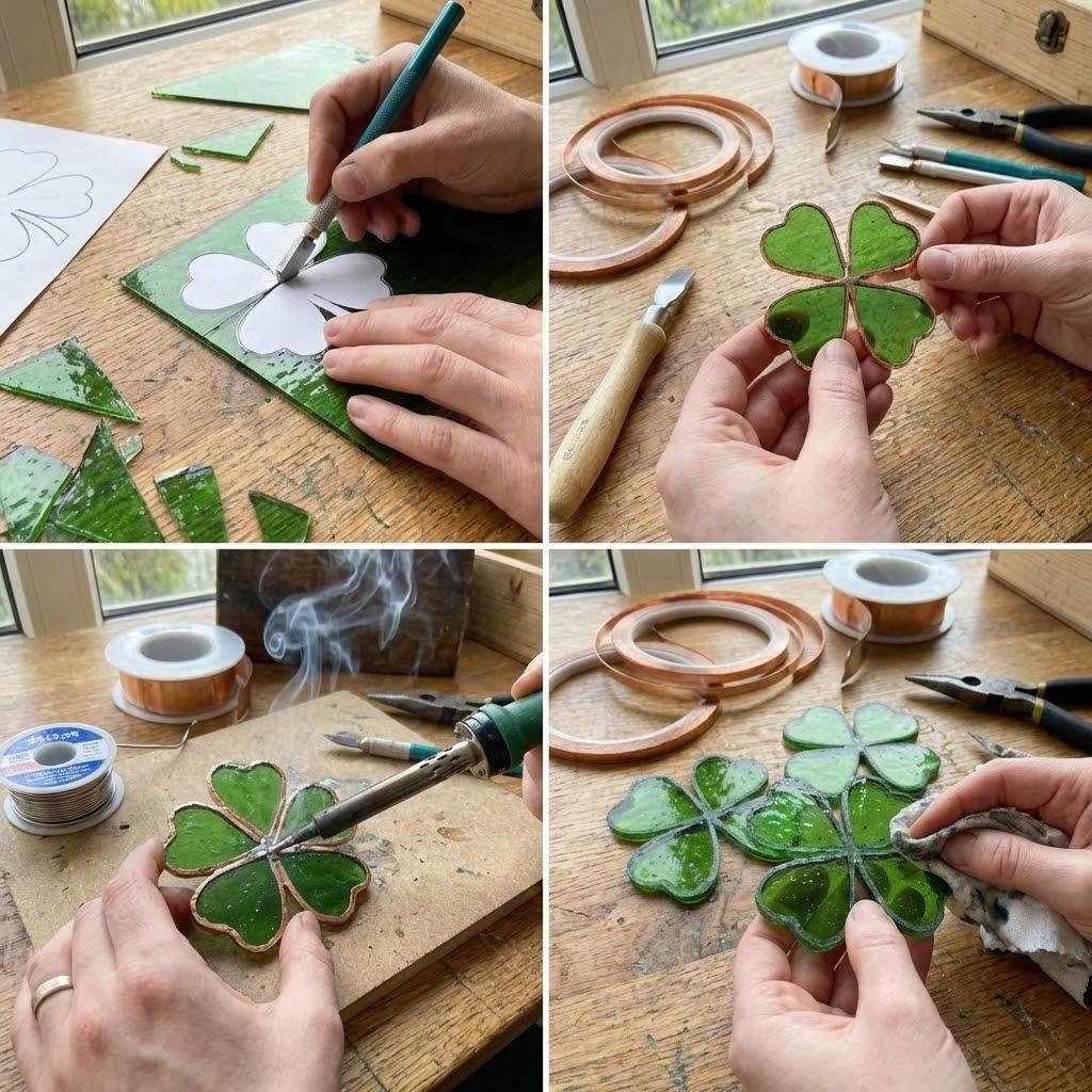 Handmade stained glass four leaf clover plant sculpture standing on wooden base, green shamrock lucky gift for desk decor, st patricks day gift.