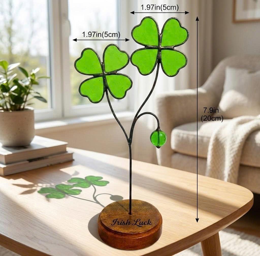 Handmade stained glass four leaf clover plant sculpture standing on wooden base, green shamrock lucky gift for desk decor, st patricks day gift.